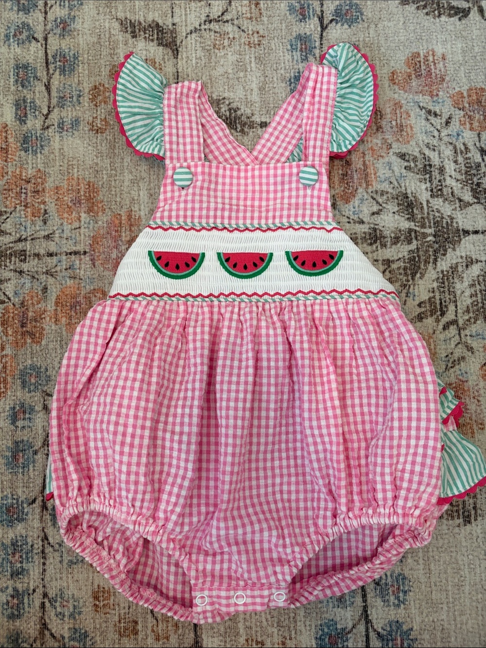 Pink Gingham Watermelon Smocked Baby Romper